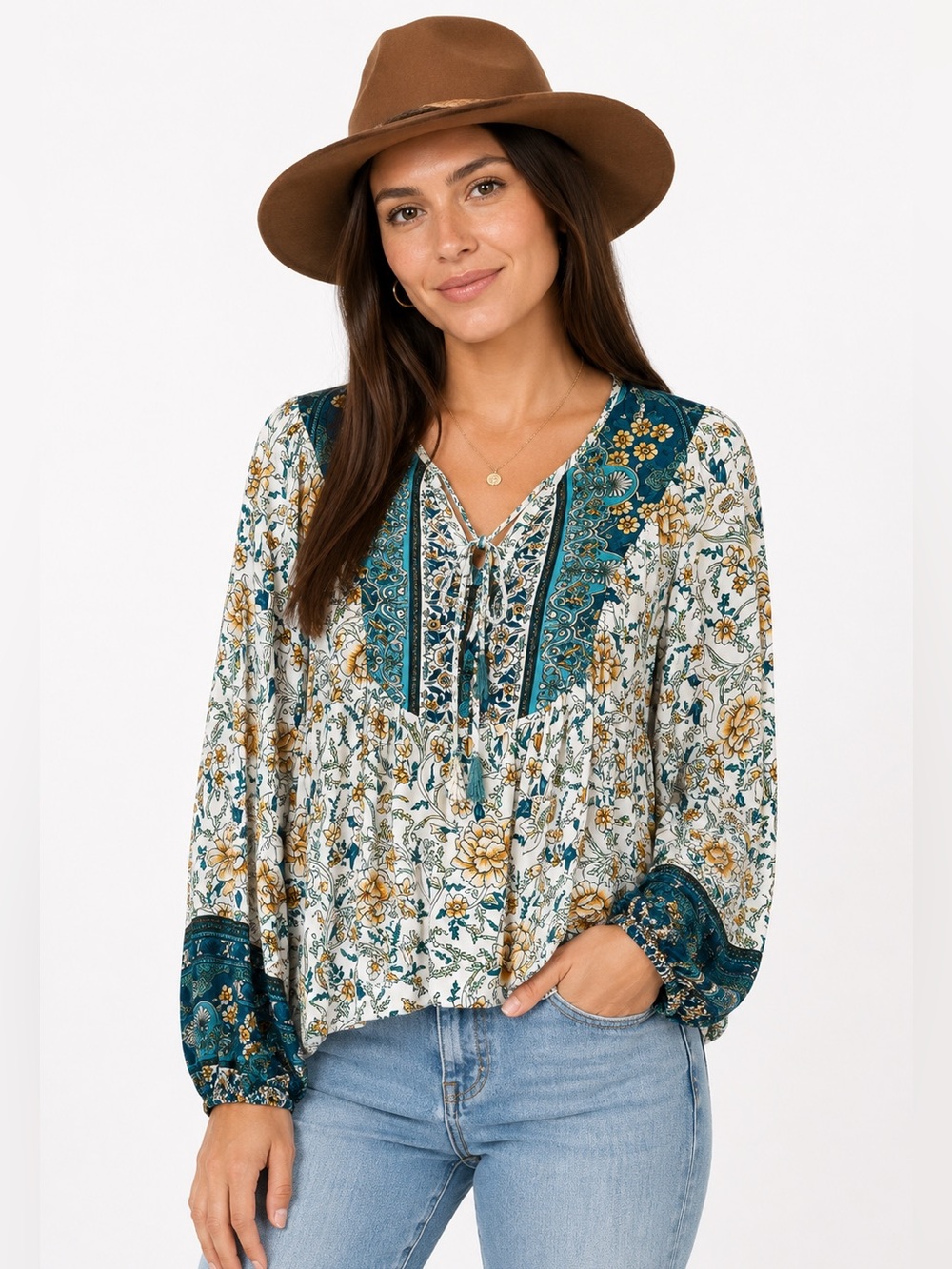 Floral Bohemian Blouse - Teal, Aqua and Yellow